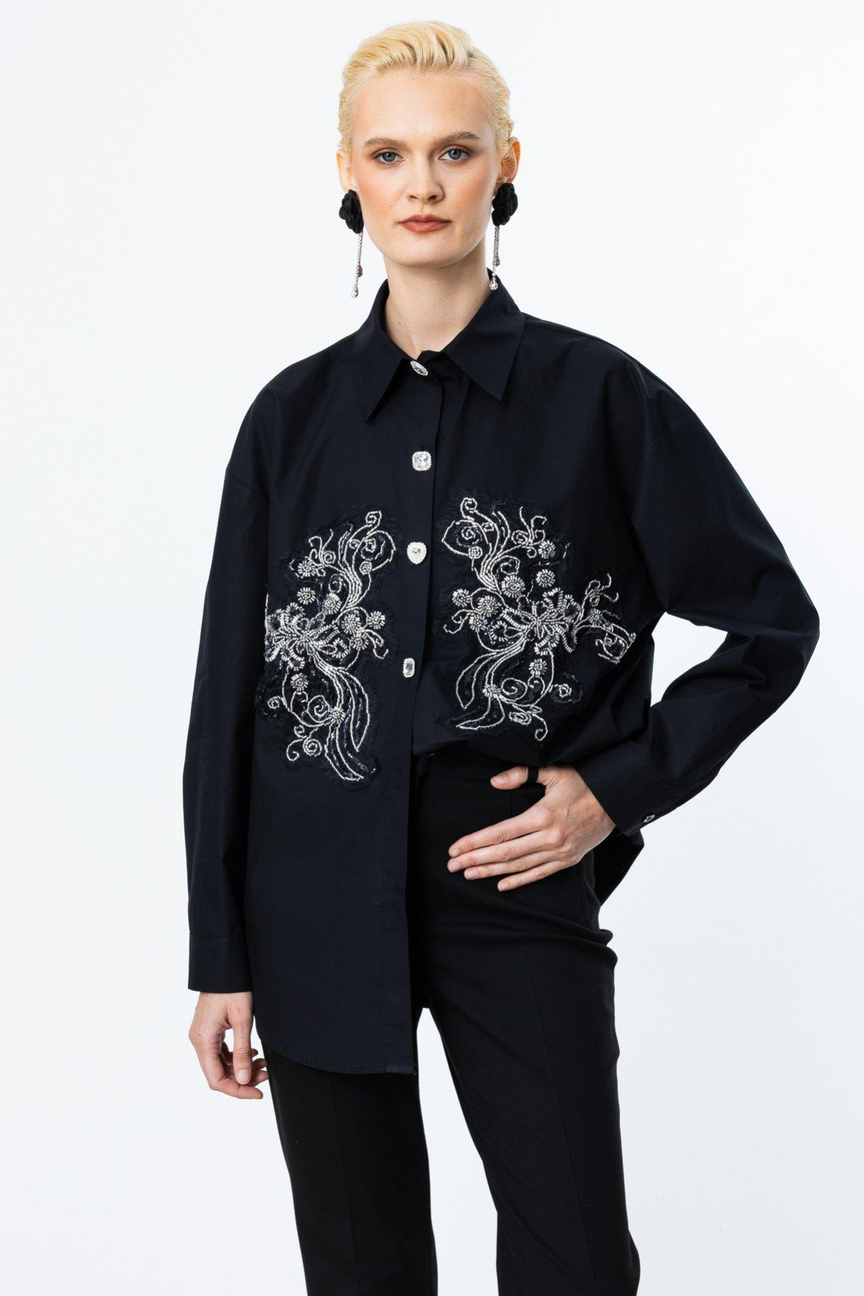 Embroidered Stone Button-Down Shirt BLACK