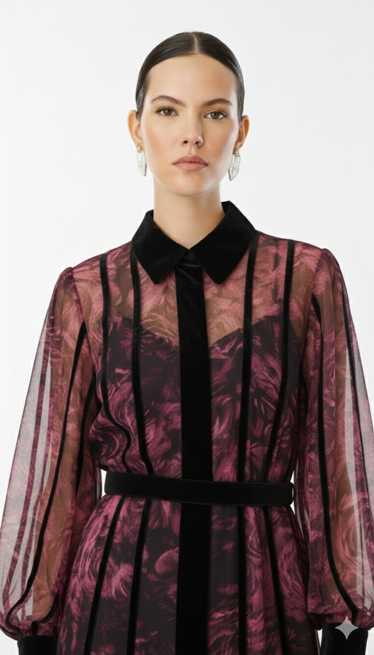 Kadife Şeritli Çiçekli Şifon Maksi Elbise MÜRDÜM