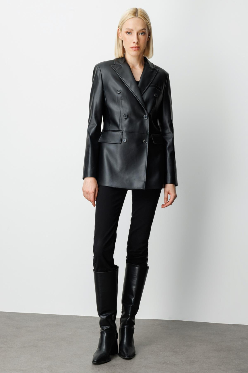 Kapak Cepli Deri Ceket SİYAH