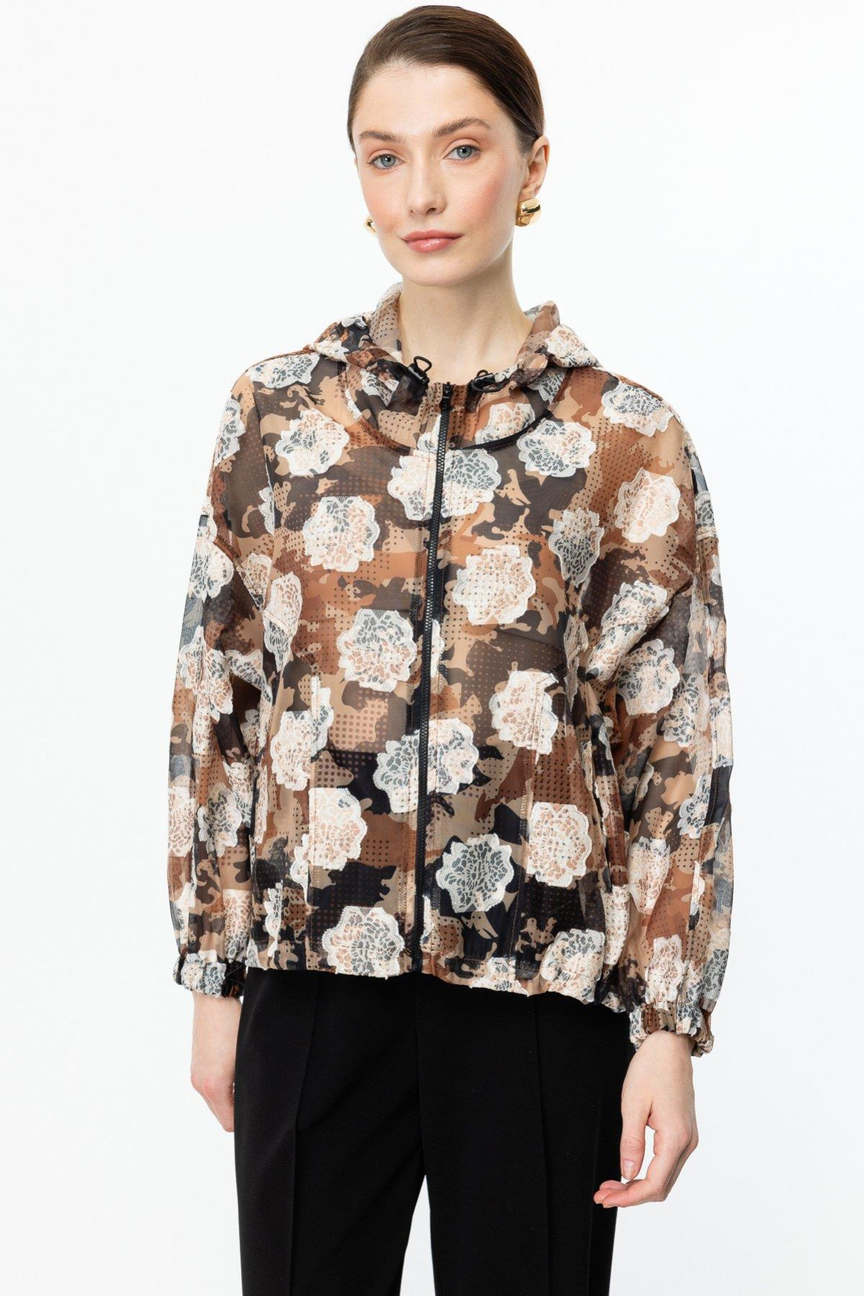 Kapişonlu Desenli Fermuarlı İnce Mont KAHVE