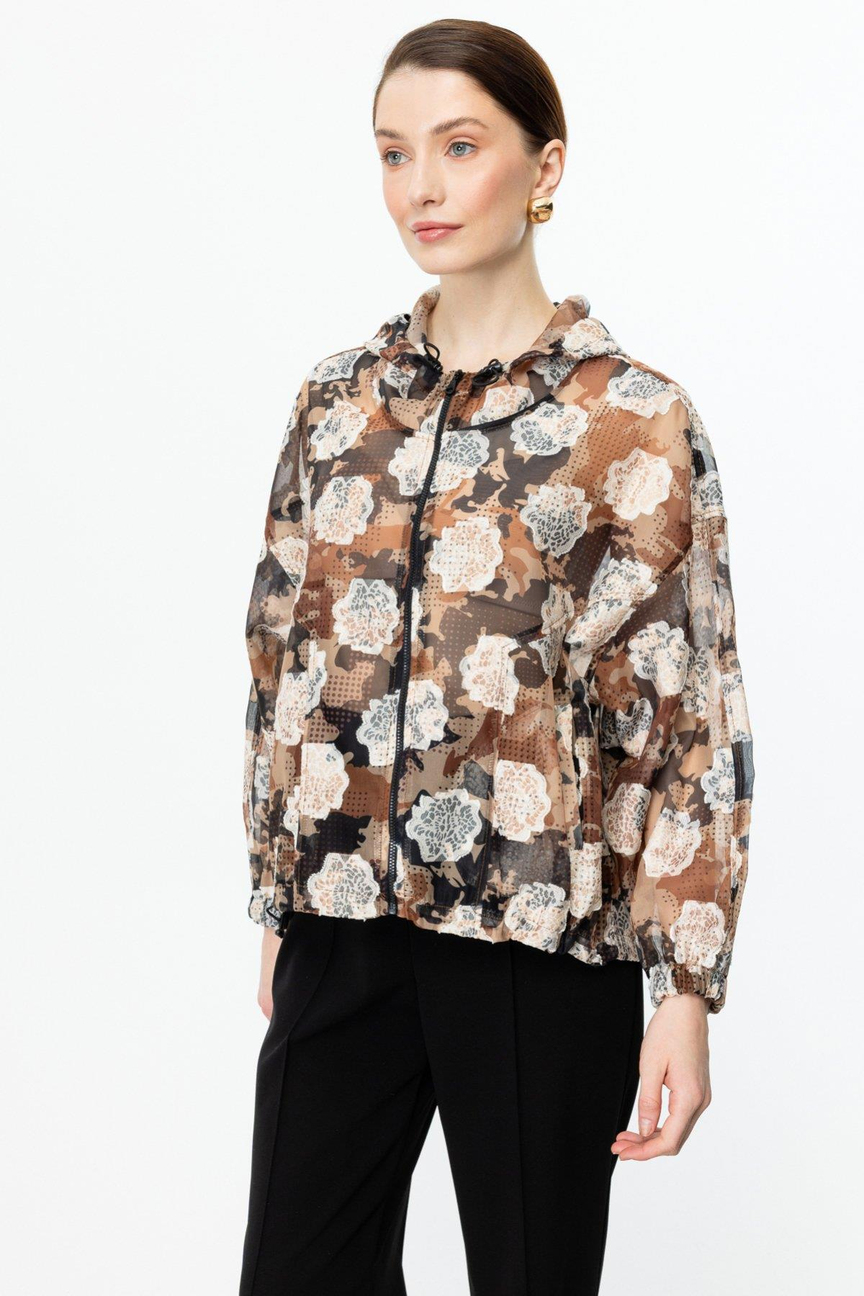 Kapişonlu Desenli Fermuarlı İnce Mont KAHVE