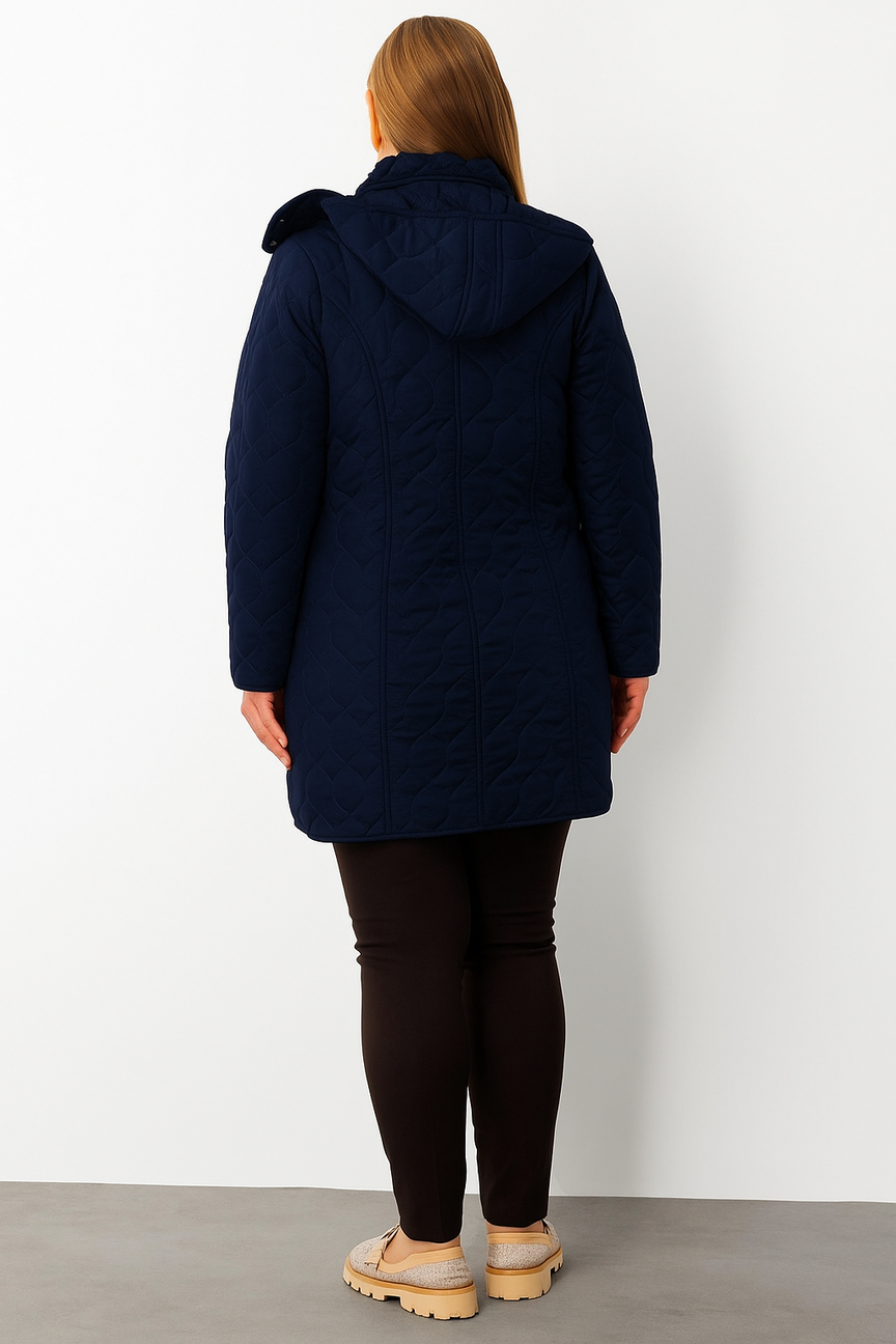 Büyük Beden Çıtçıtlı Fermuarlı Desenli Kapüşonlu Kapitone Kaban LACİVERT