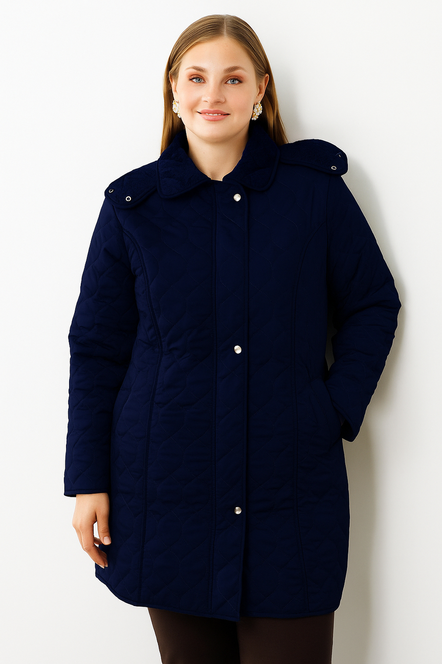 Büyük Beden Çıtçıtlı Fermuarlı Desenli Kapüşonlu Kapitone Kaban LACİVERT