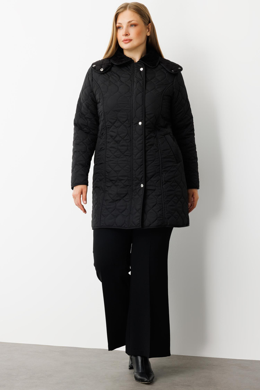 Büyük Beden Çıtçıtlı Fermuarlı Desenli Kapüşonlu Kapitone Kaban SİYAH