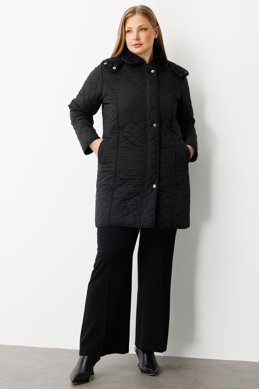 Büyük Beden Çıtçıtlı Fermuarlı Desenli Kapüşonlu Kapitone Kaban SİYAH