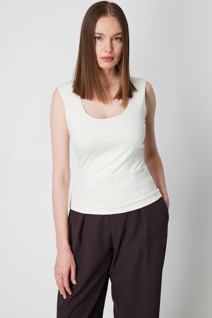 Square Neck Sleeveless Blouse, Ecru