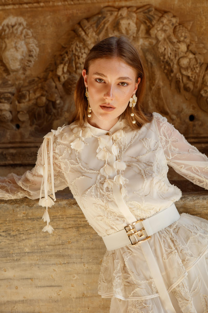 Kat Kat Volanlı Dantel Elbise EKRU