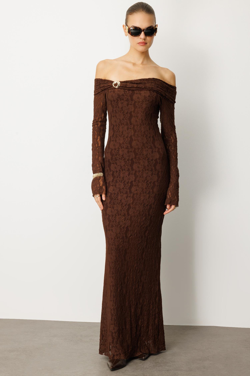 Kayık Yaka Dantel Elbise KAHVE