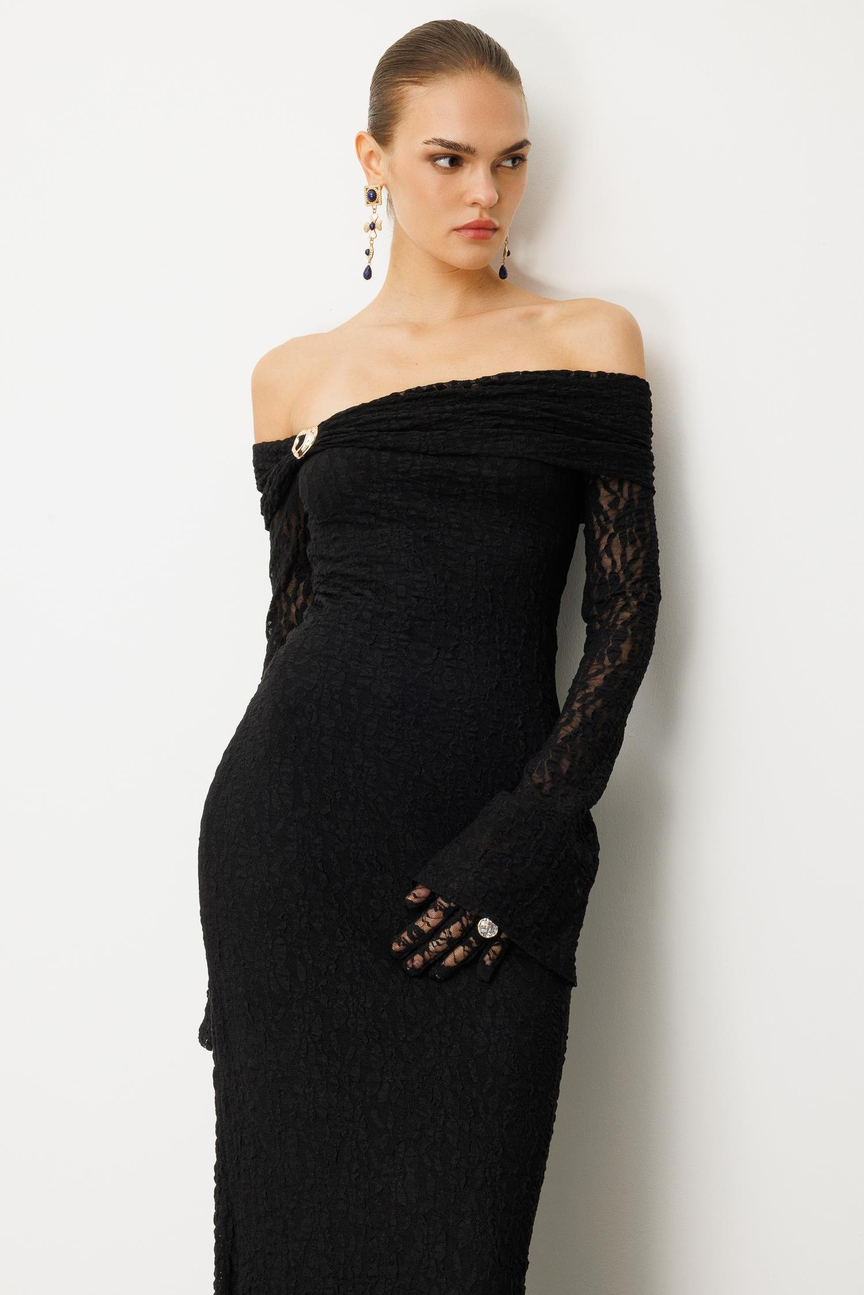 Kayık Yaka Dantel Elbise SİYAH