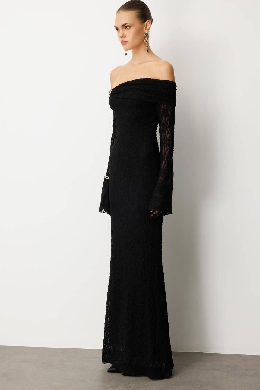 Kayık Yaka Dantel Elbise SİYAH