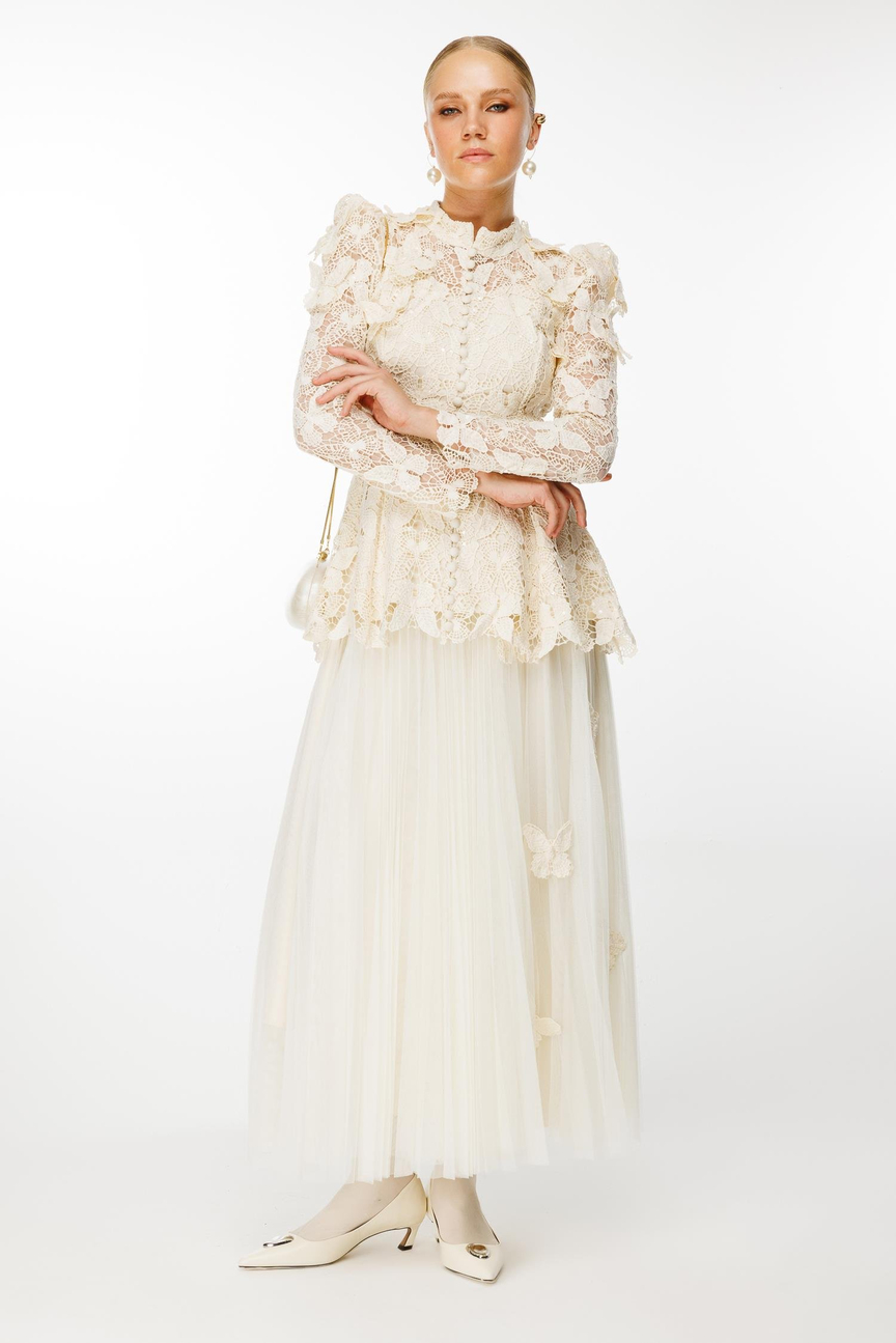 Kelebek Dantel  Detay Etek Ceket 2li Takım EKRU