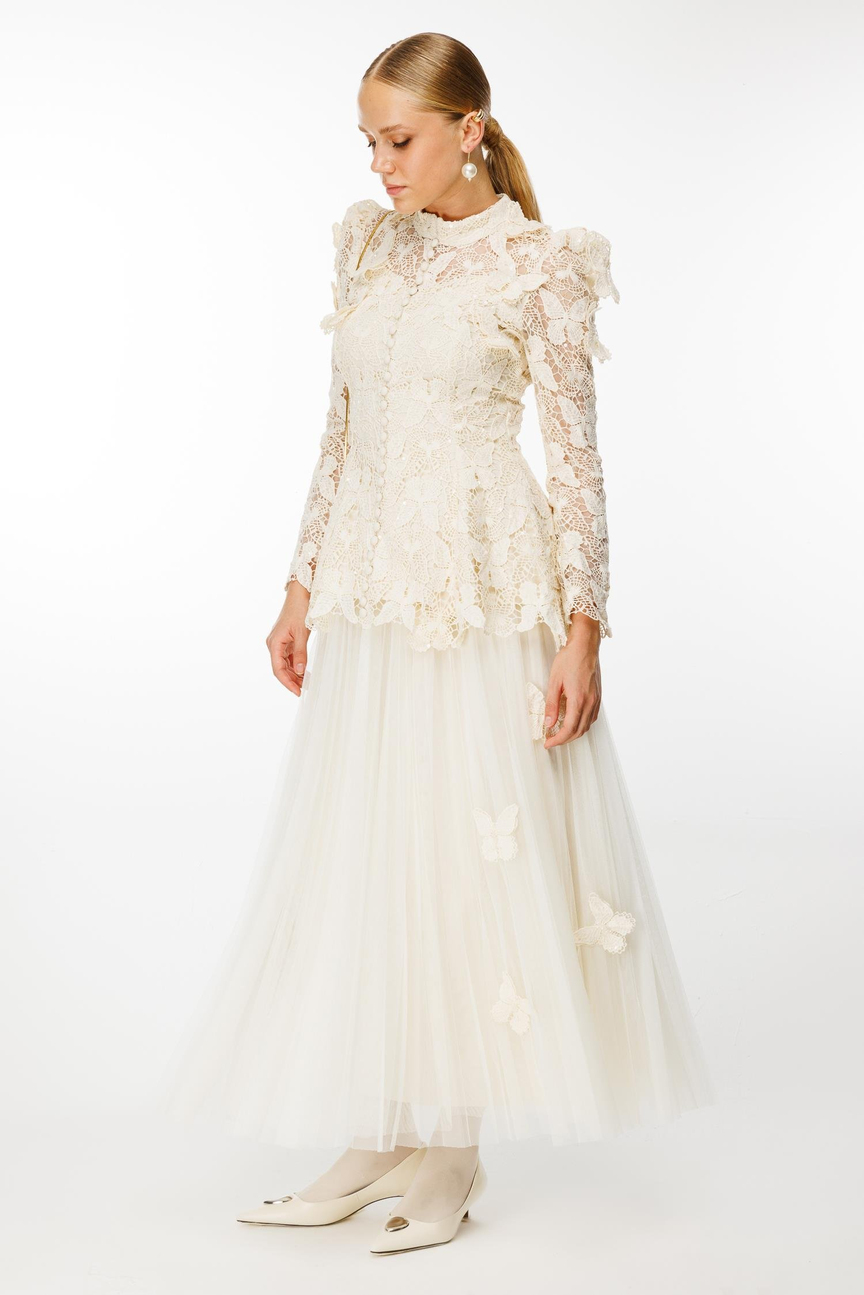 Kelebek Dantel  Detay Etek Ceket 2li Takım EKRU