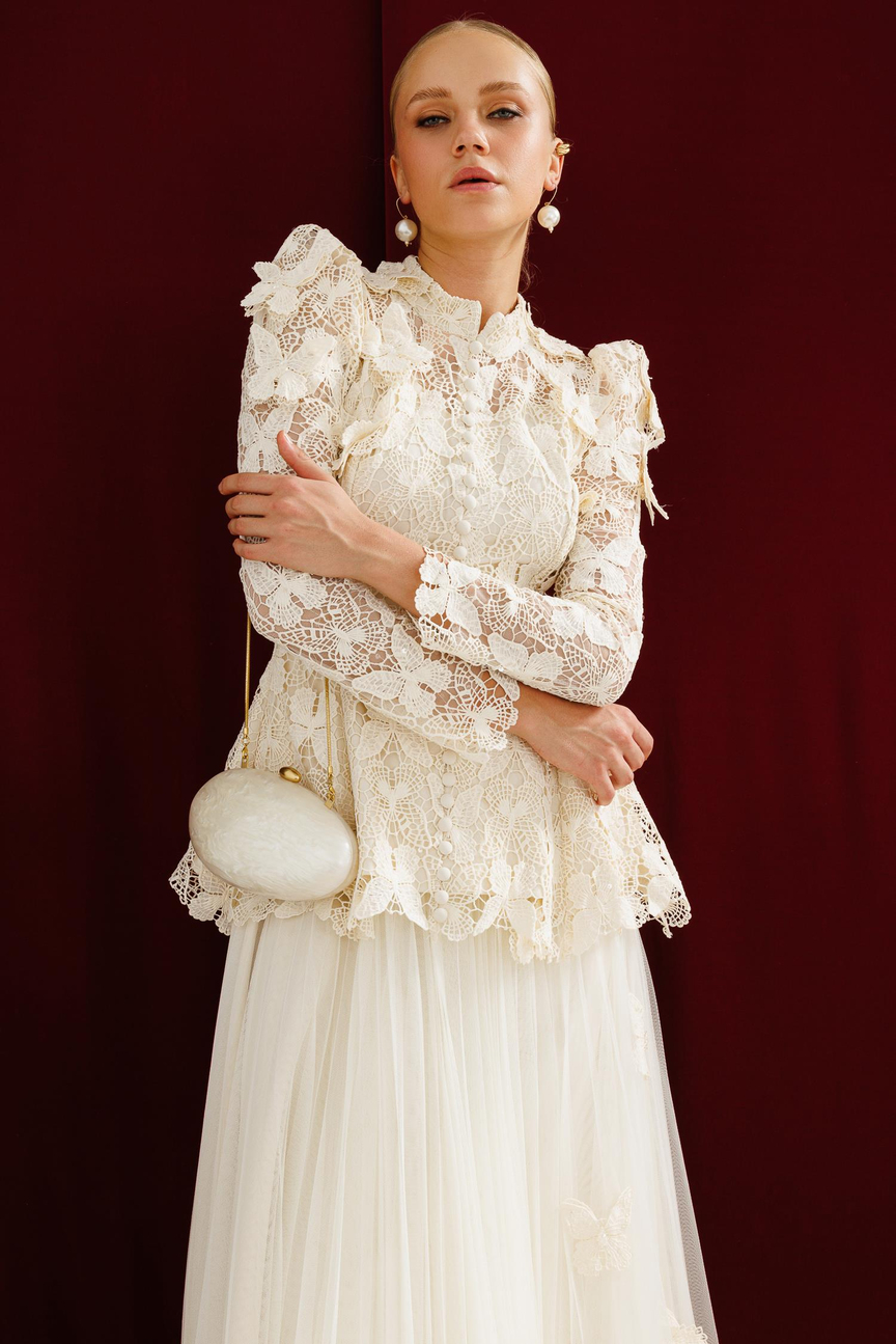 Kelebek Dantel  Detay Etek Ceket 2li Takım EKRU