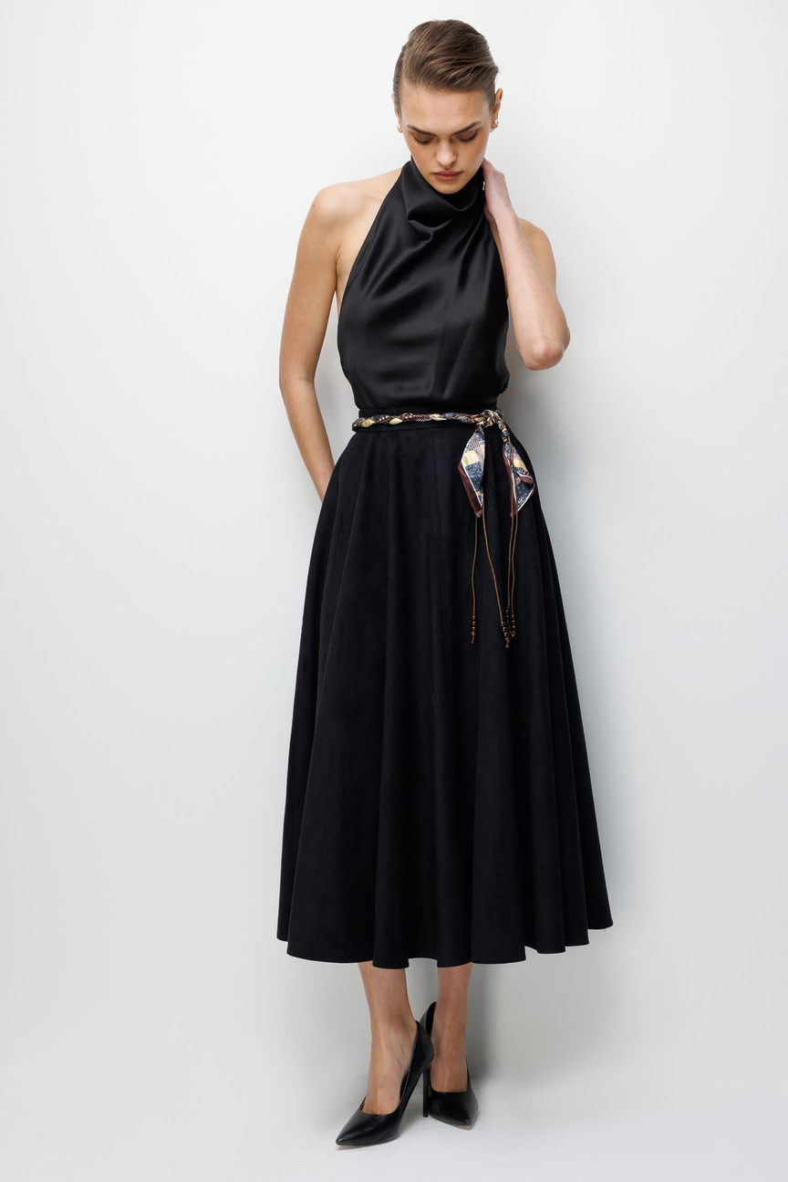 Belt Detail Ruffled Suede Skirt BLACK