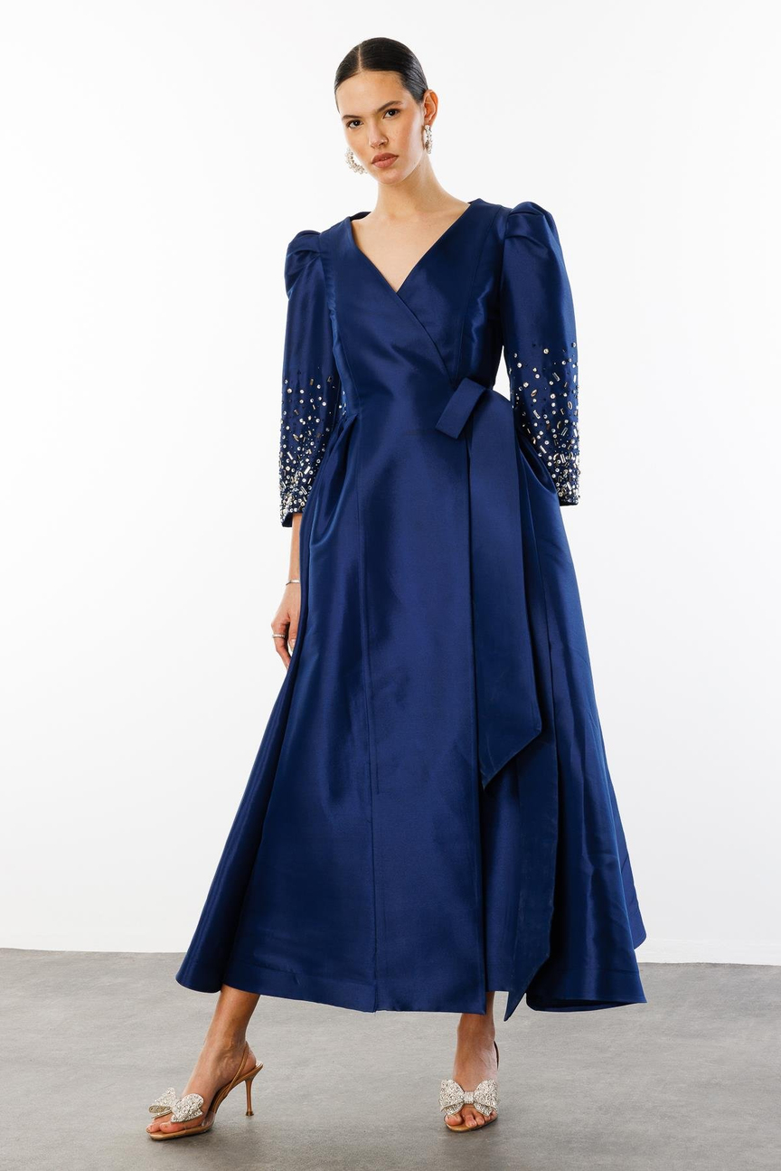 Double Breasted Tied Dress with Stone Detailed Sleeves NAVY BLUE