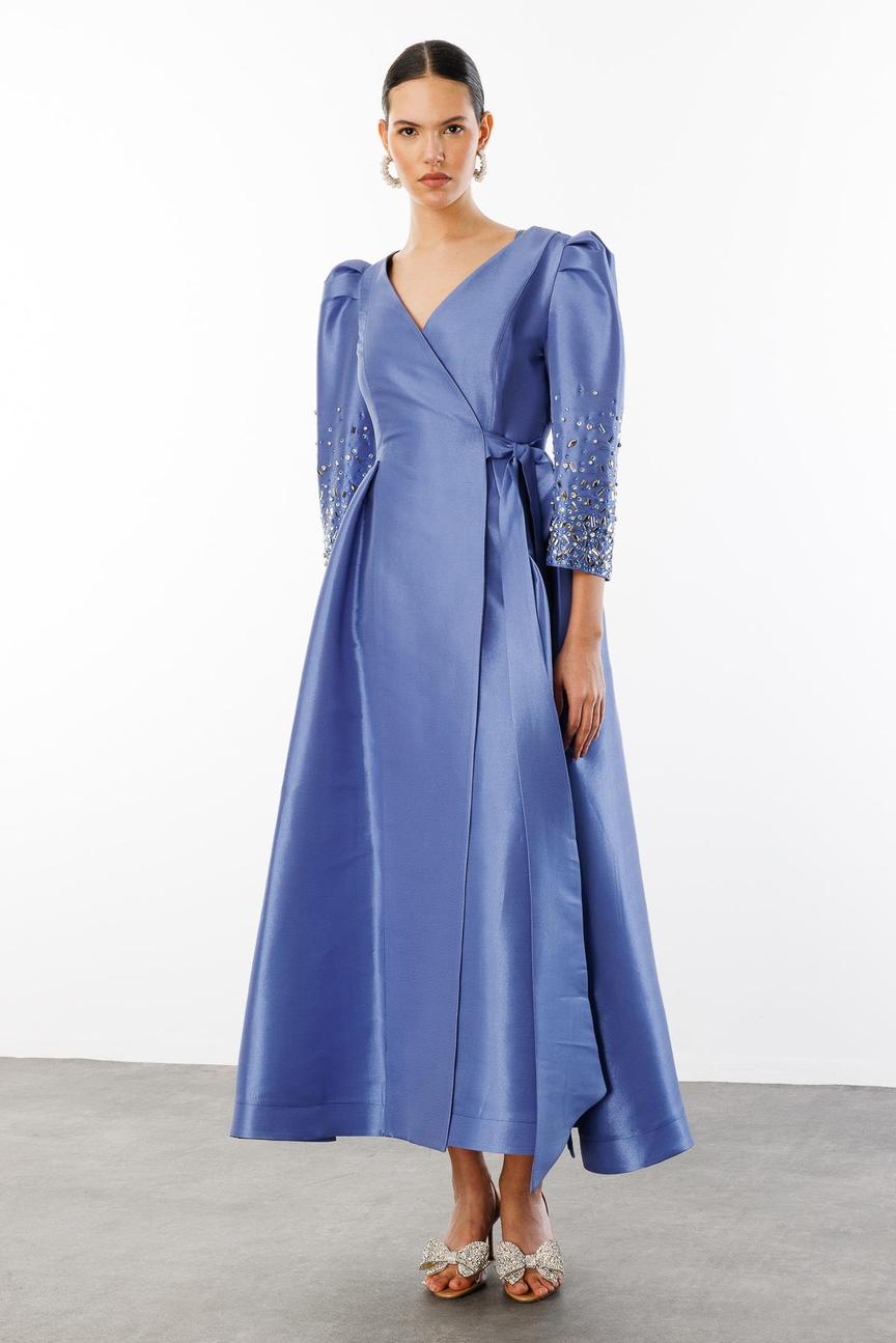 Kol Taş Detaylı Kruvaze Bağlamalı Elbise İNDİGO