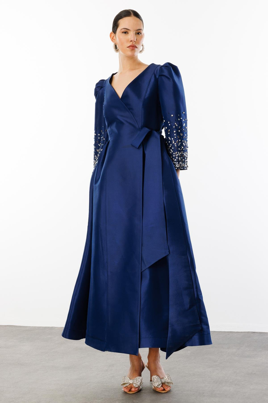 Double Breasted Tied Dress with Stone Detailed Sleeves NAVY BLUE