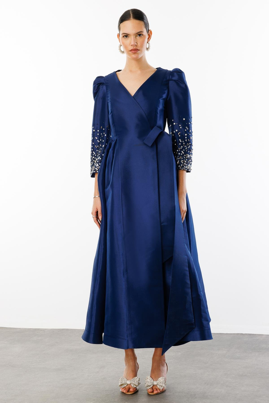 Double Breasted Tied Dress with Stone Detailed Sleeves NAVY BLUE