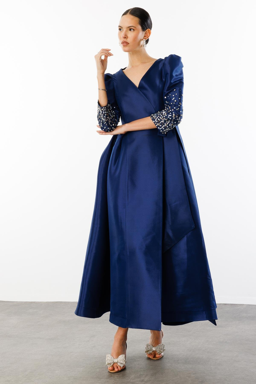 Double Breasted Tied Dress with Stone Detailed Sleeves NAVY BLUE