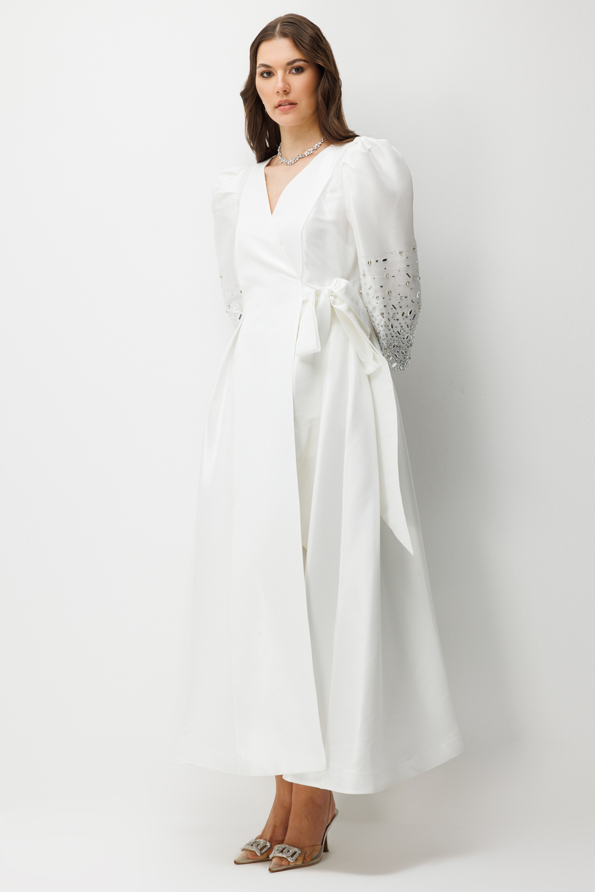 Kol Taş Detaylı Kruvaze Bağlamalı V Yaka Abiye BEYAZ