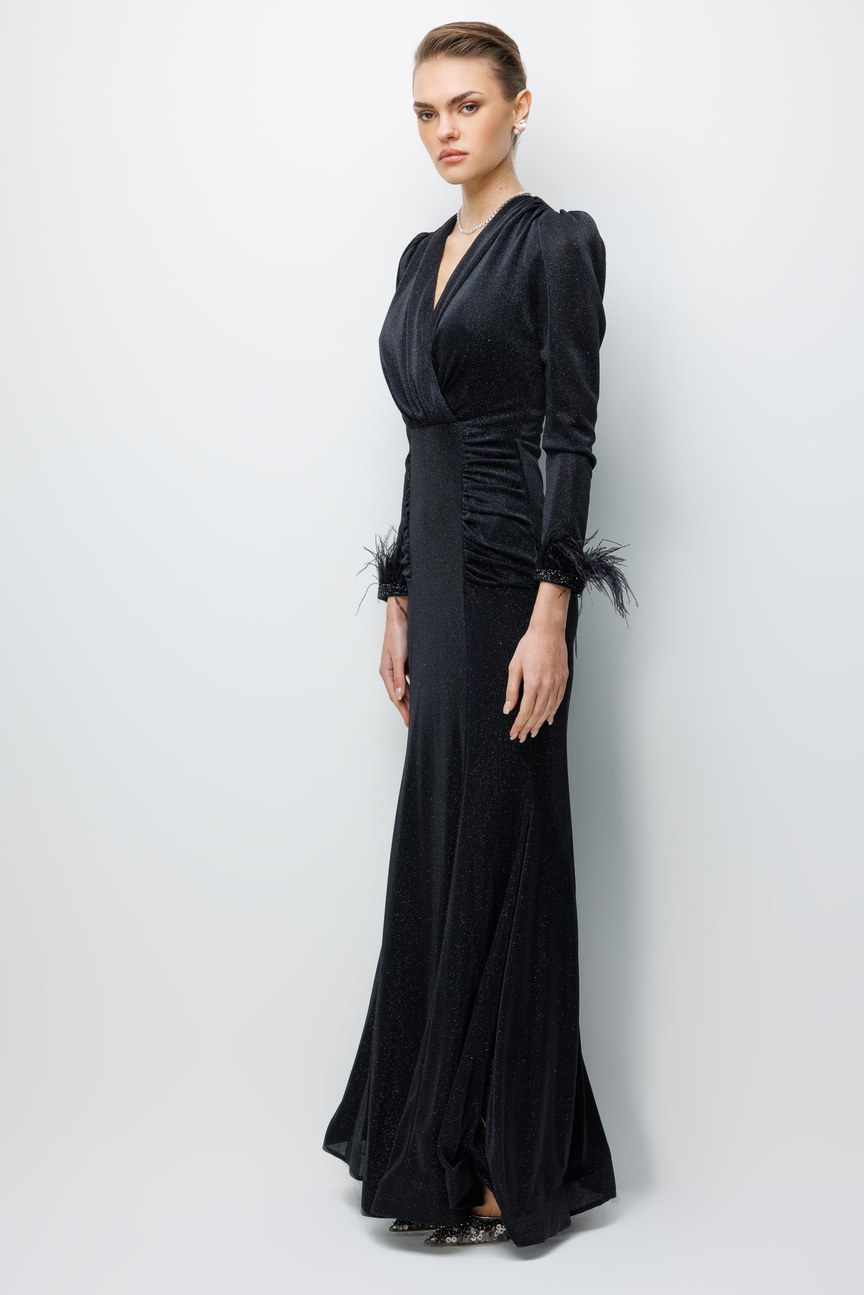Kol Tüylü Uzun Kol Drape Elbise SİYAH