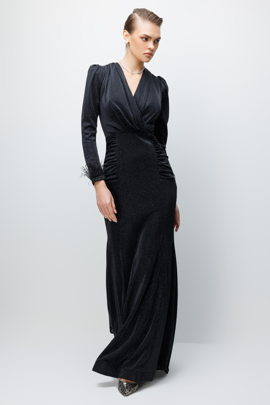 Kol Tüylü Uzun Kol Drape Elbise SİYAH