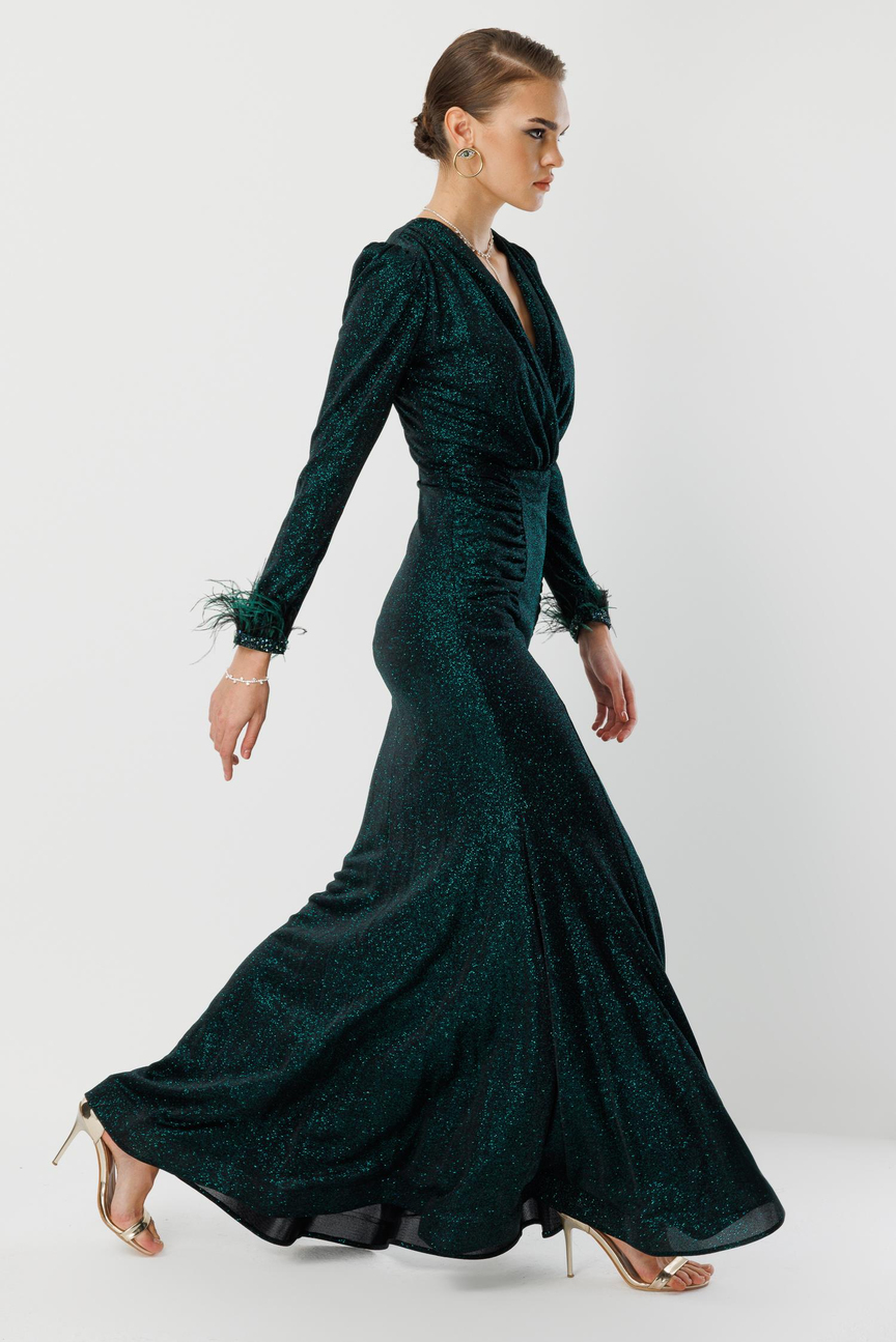 Kol Tüylü Uzun Kol Drape Elbise ZÜMRÜT