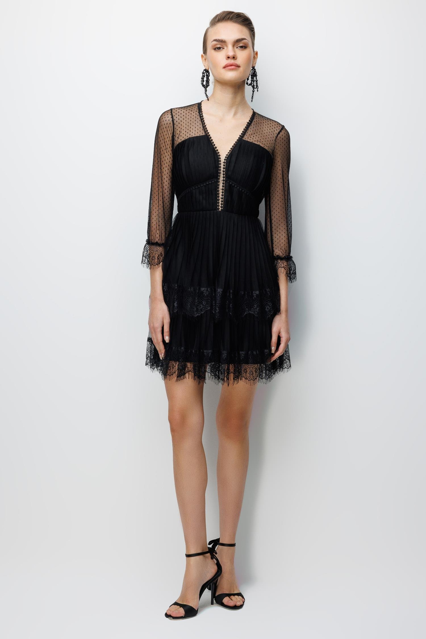 Kolları File Detaylı Mini Dantel Elbise SİYAH