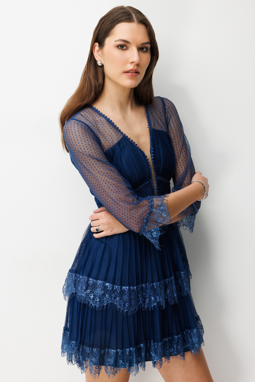 Kolları File Detaylı Mini Dantel Elbise LACİVERT