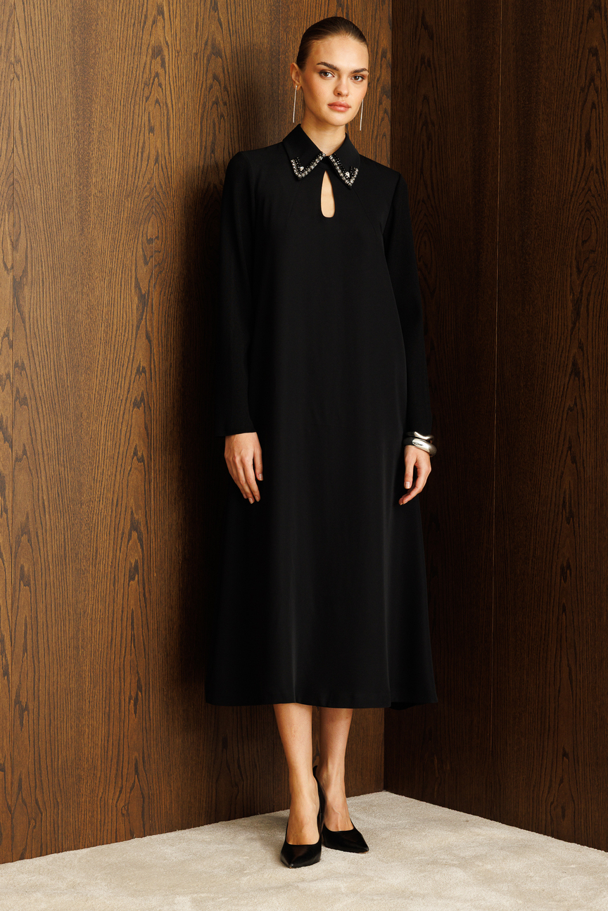 Kolları Trikolu A Form Elbise SİYAH