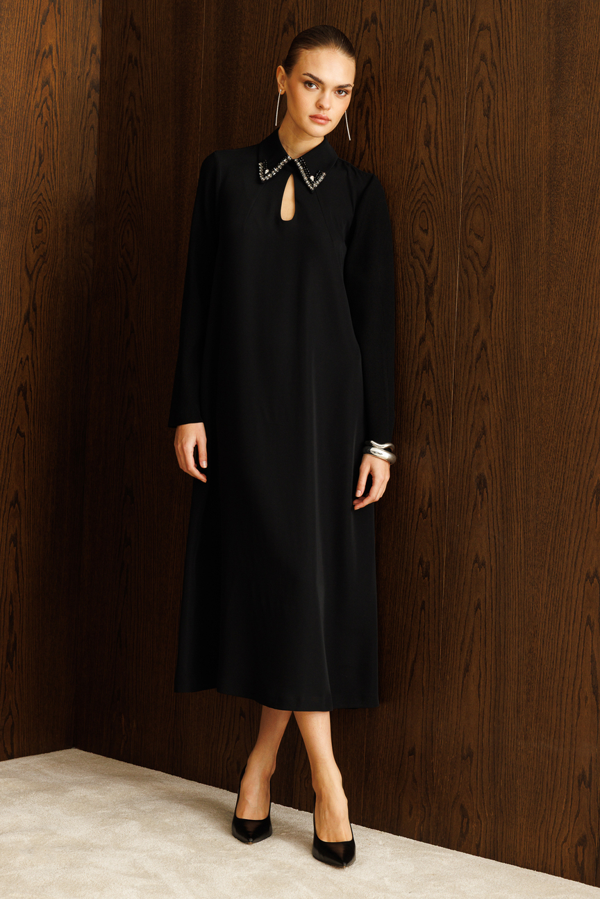 Kolları Trikolu A Form Elbise SİYAH