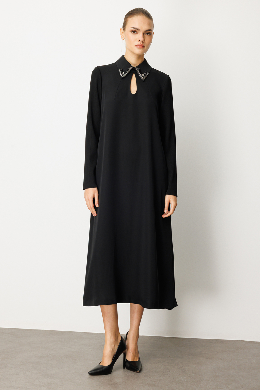 Kolları Trikolu A Form Elbise SİYAH