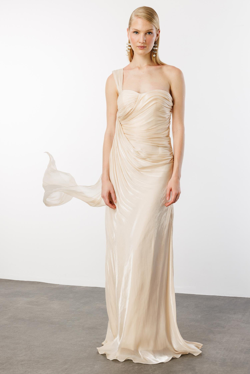 Komple Büzgülü Belden Parçalı Tek Omuz Elbise GOLD