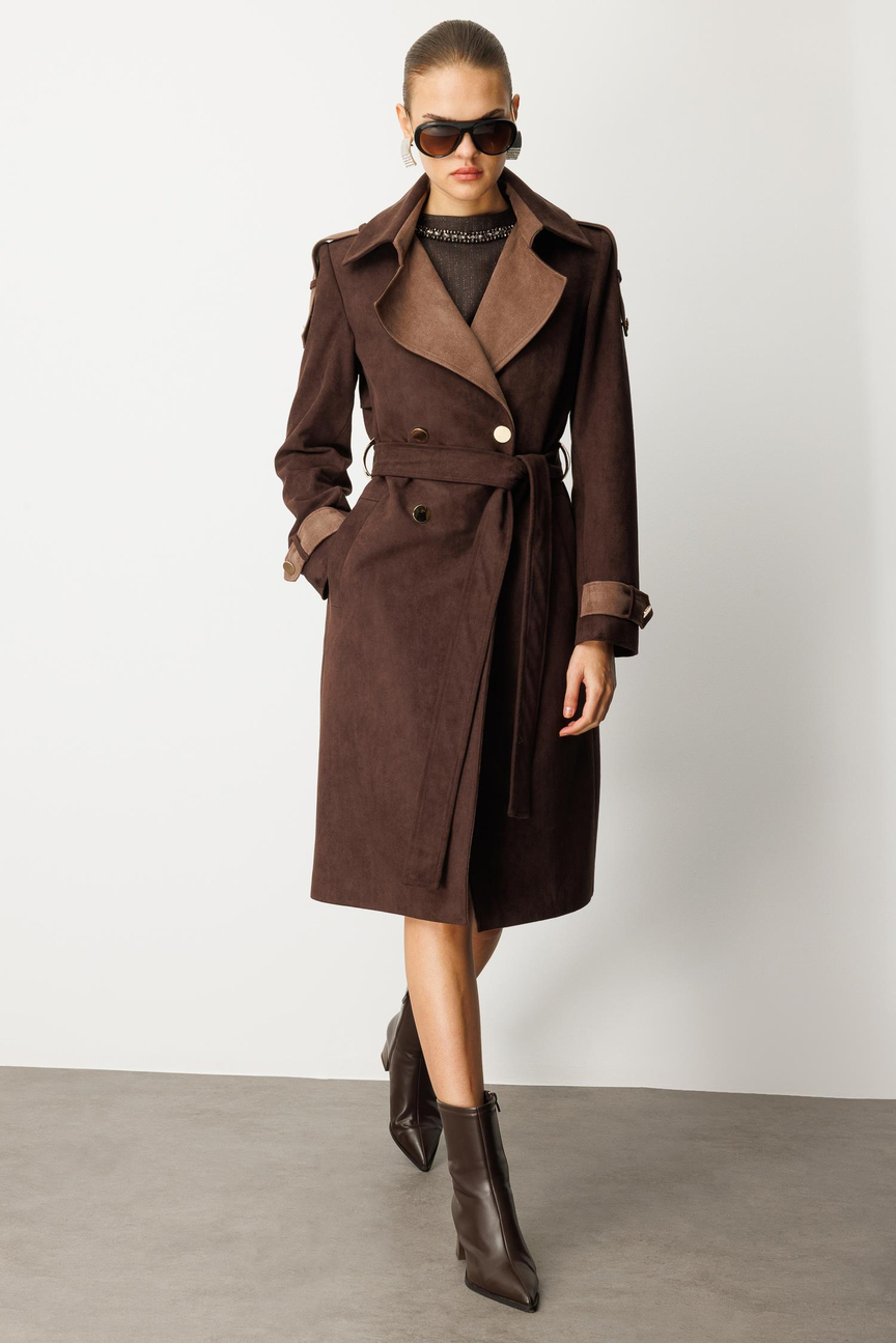 Kontrast Renk Süet Garnili Trençkot KAHVE