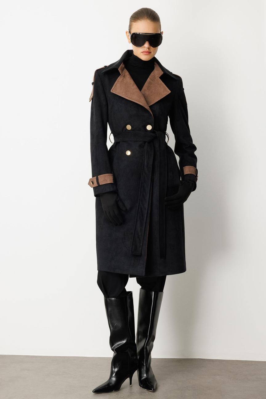 Kontrast Renk Süet Garnili Trençkot SİYAH