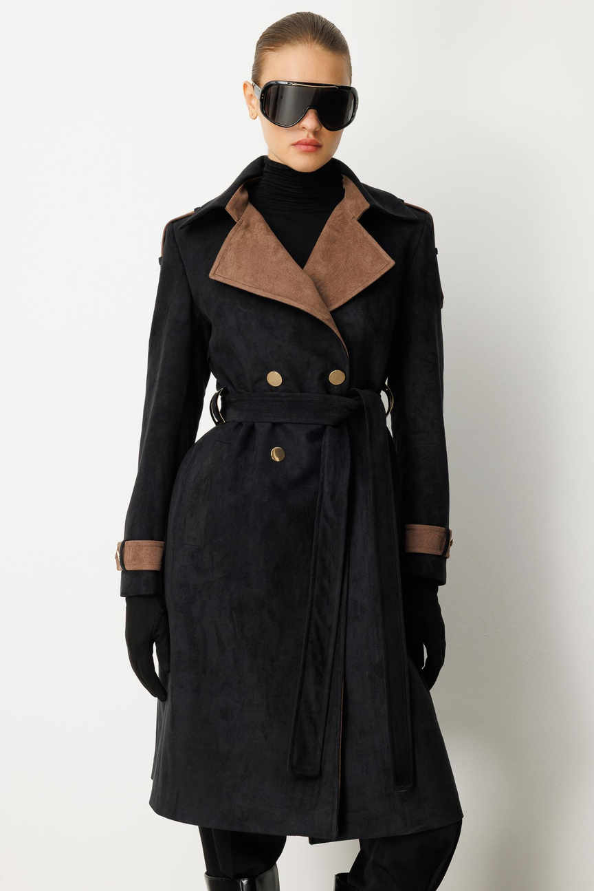 Kontrast Renk Süet Garnili Trençkot SİYAH
