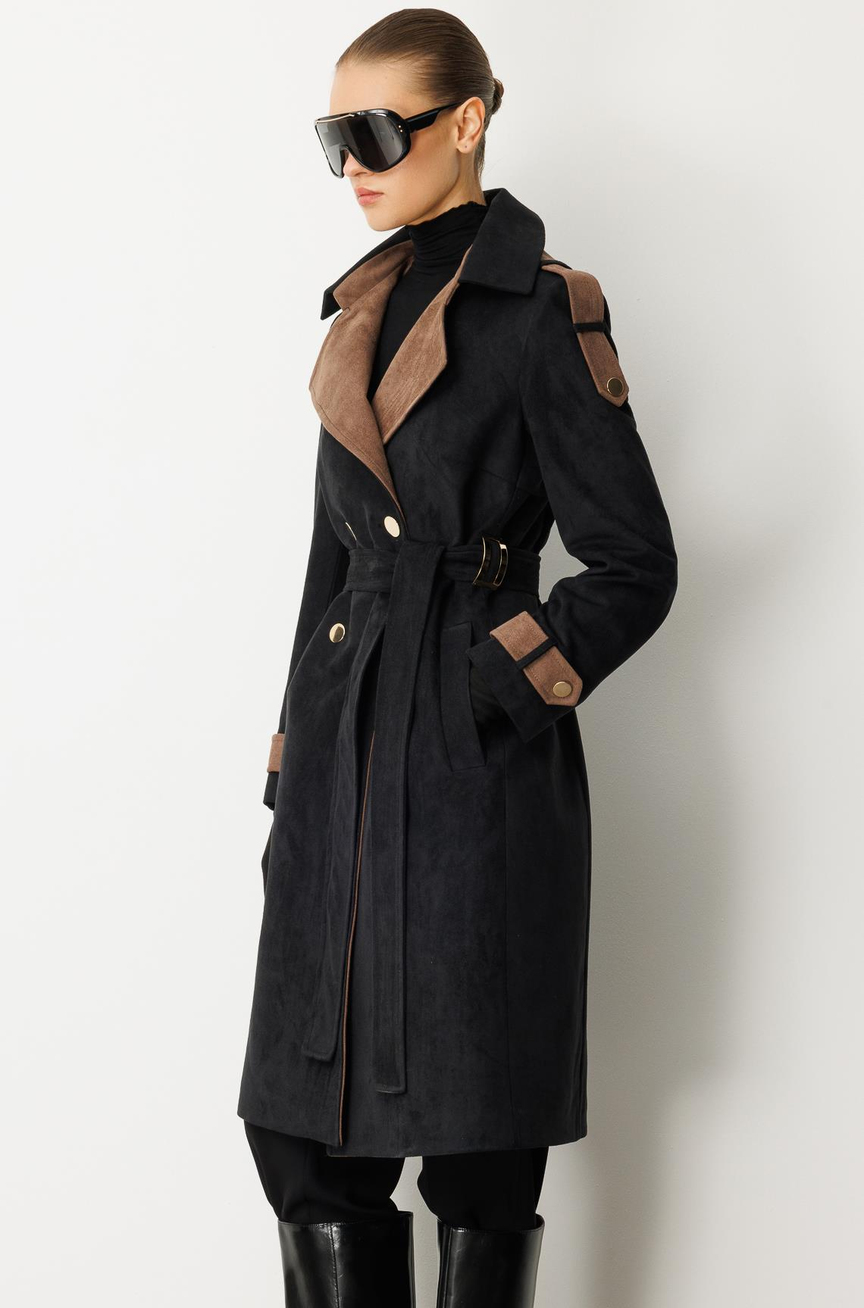 Kontrast Renk Süet Garnili Trençkot SİYAH