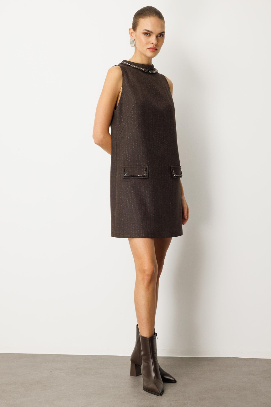 Kristal Taş İşlemeli A Form Elbise KAHVE