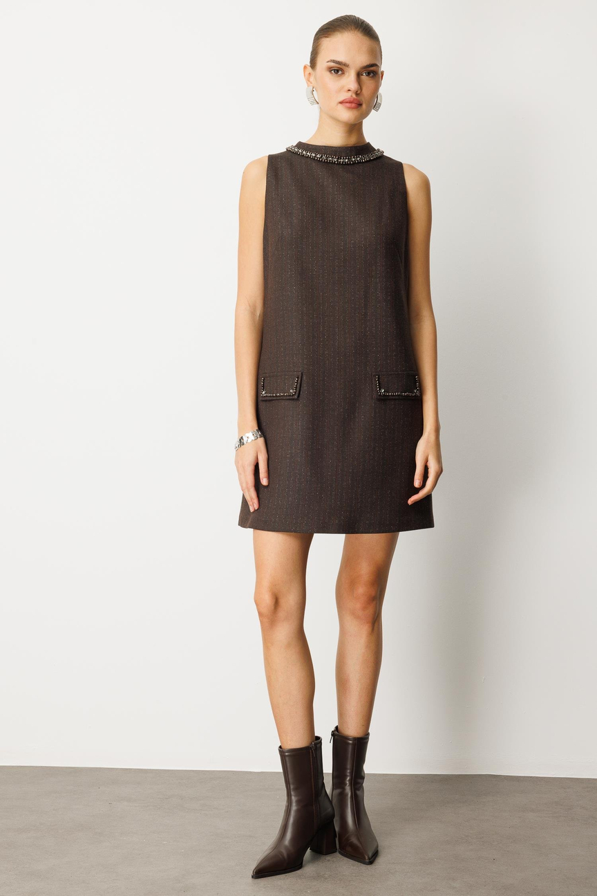 Kristal Taş İşlemeli A Form Elbise KAHVE