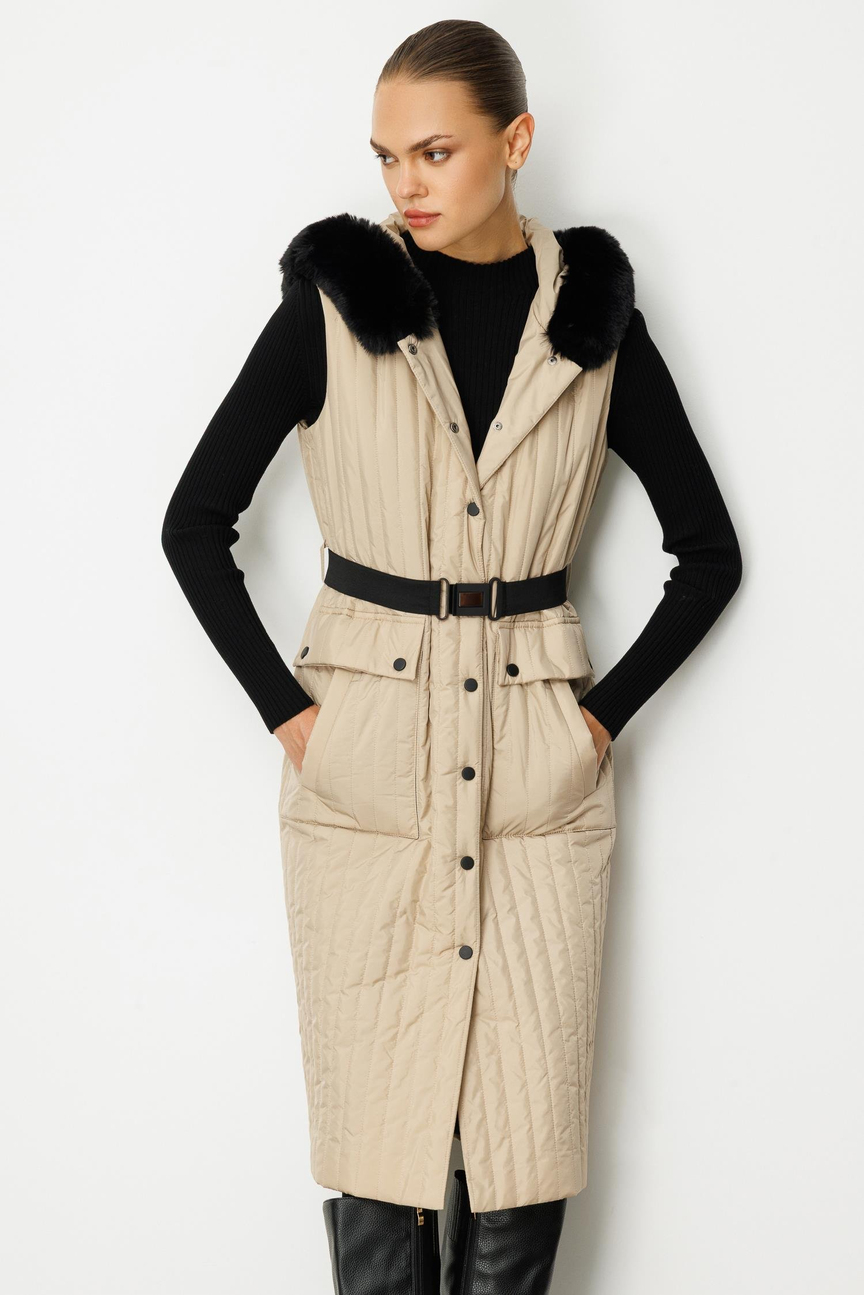 Kürk Detaylı Uzun Yelek BEJ