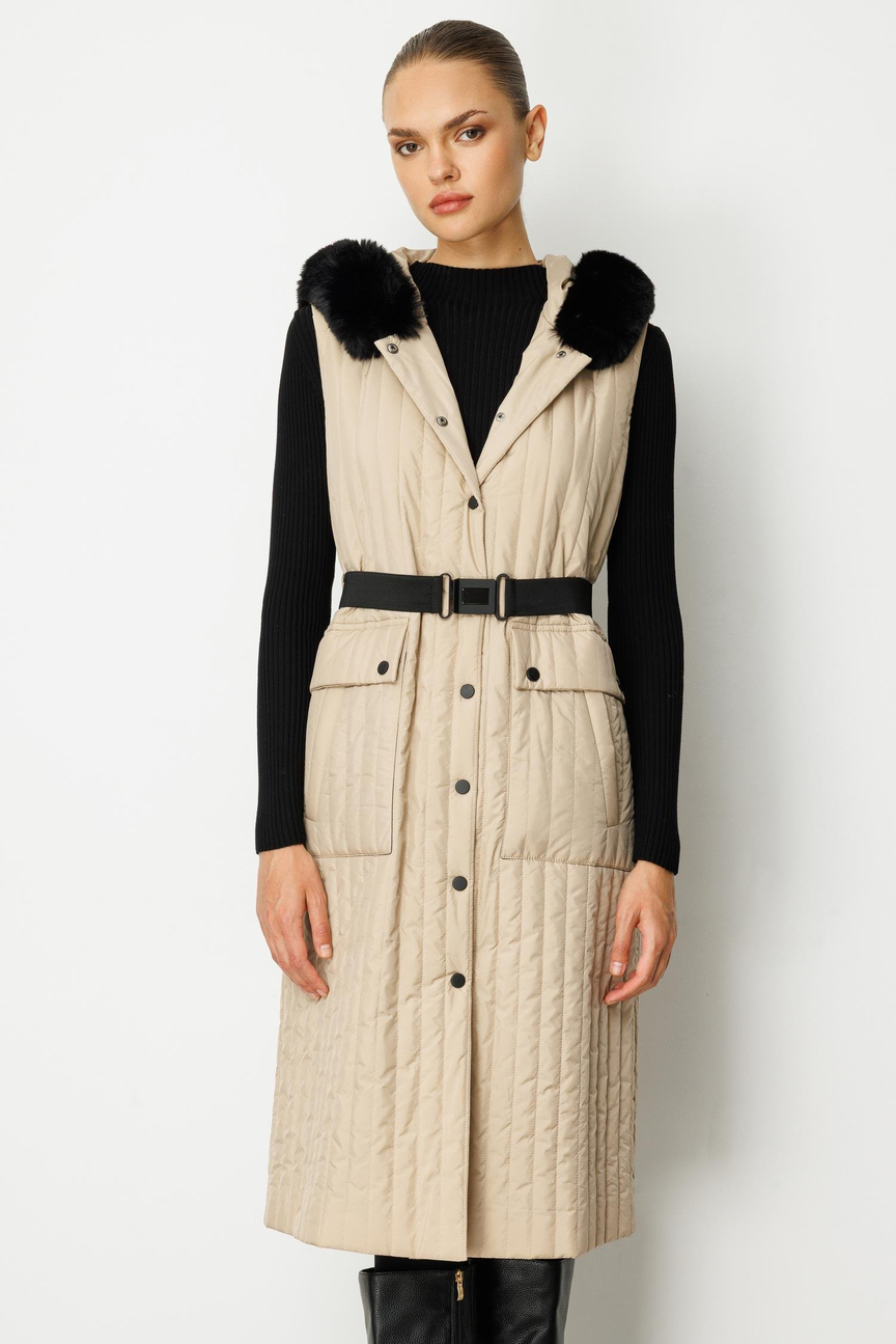 Kürk Detaylı Uzun Yelek BEJ
