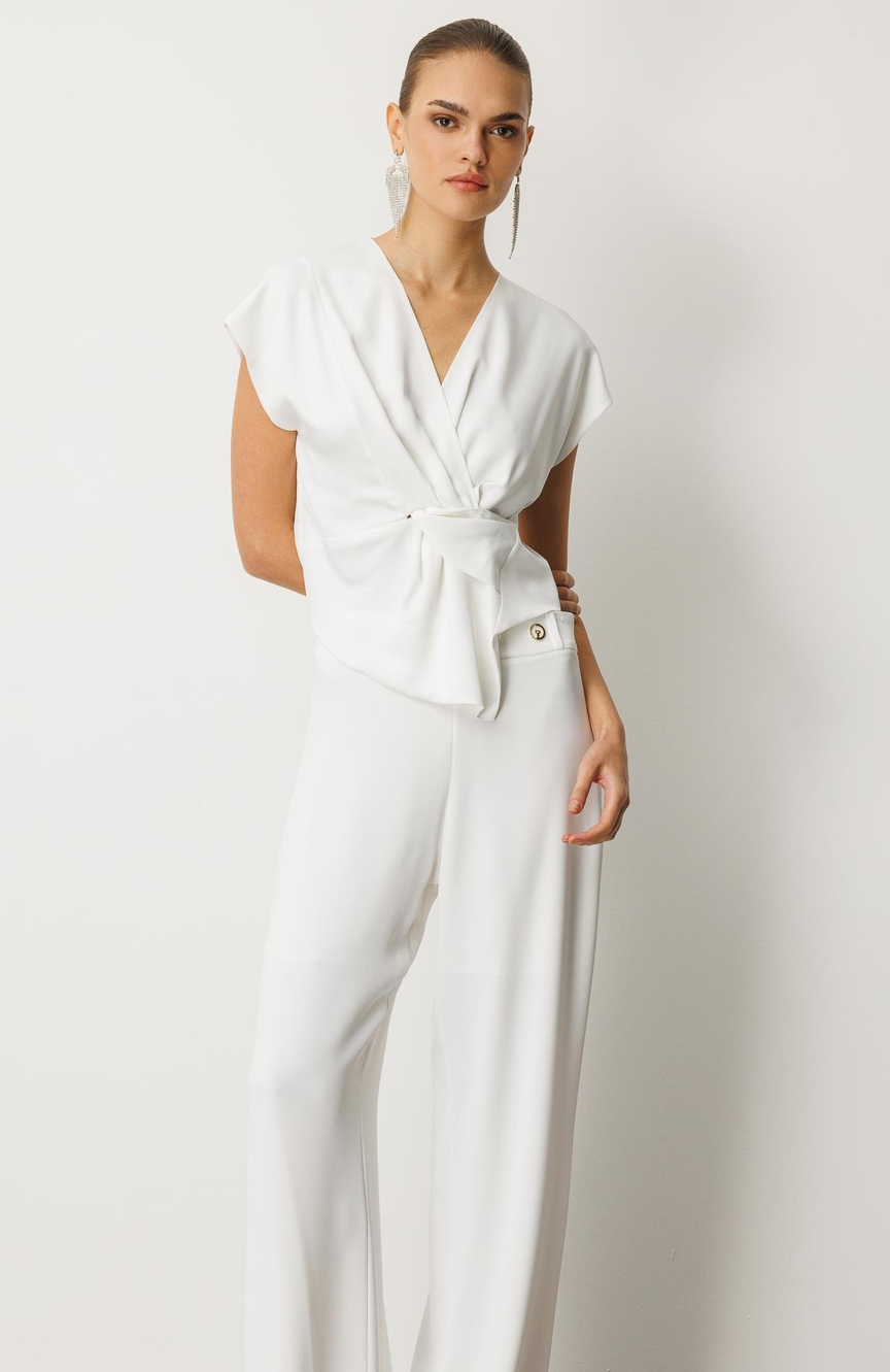 Kuruvaze Drapeli Bluz BEYAZ