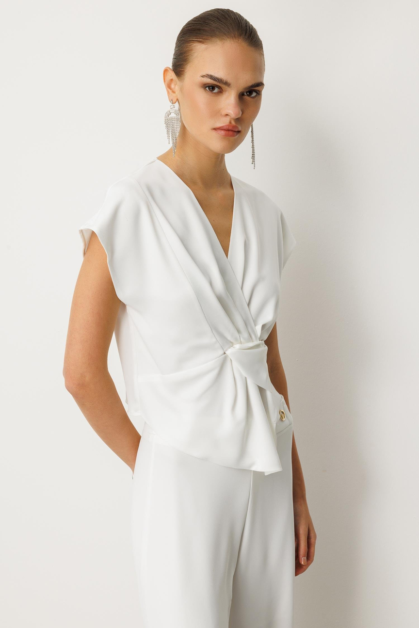 Kuruvaze Drapeli Bluz BEYAZ