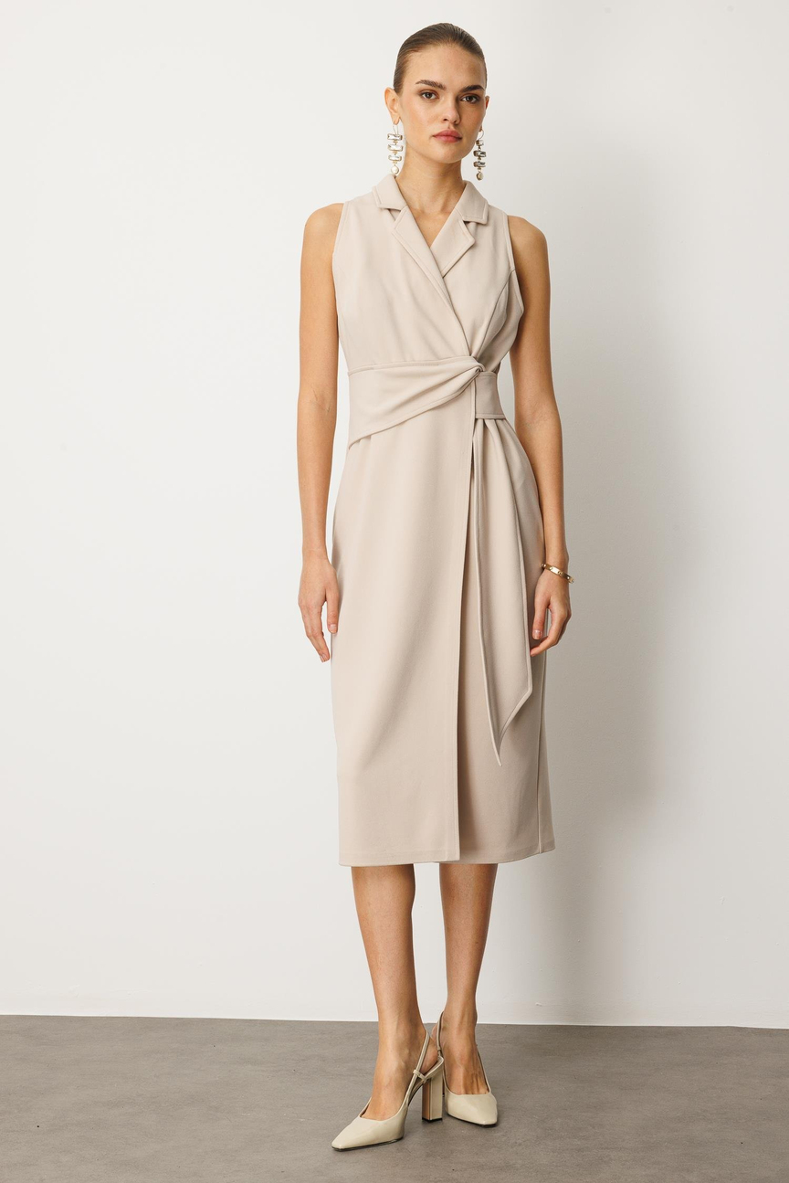 Kuşaklı Kruvaze Elbise BEJ