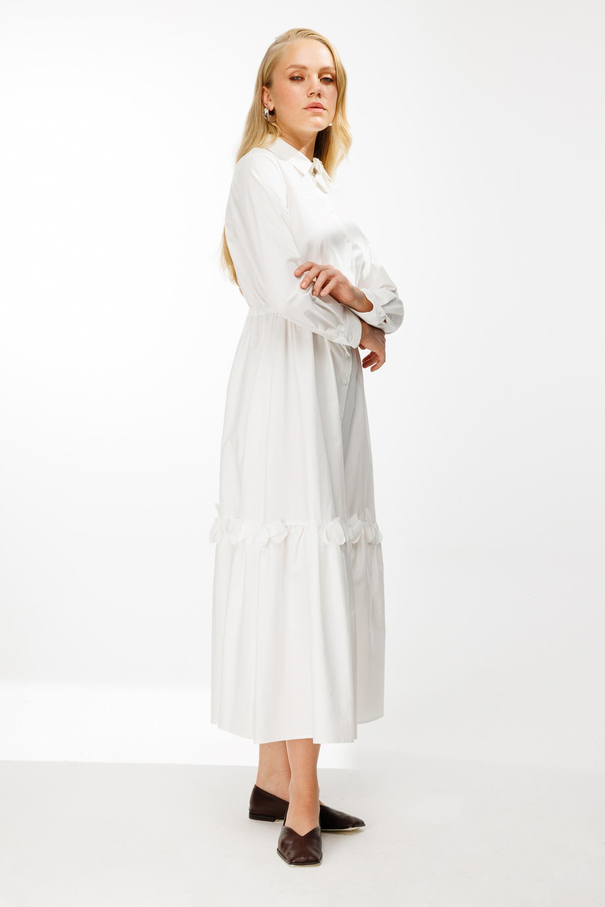 Lazer Çiçekli Gömlek Elbise EKRU