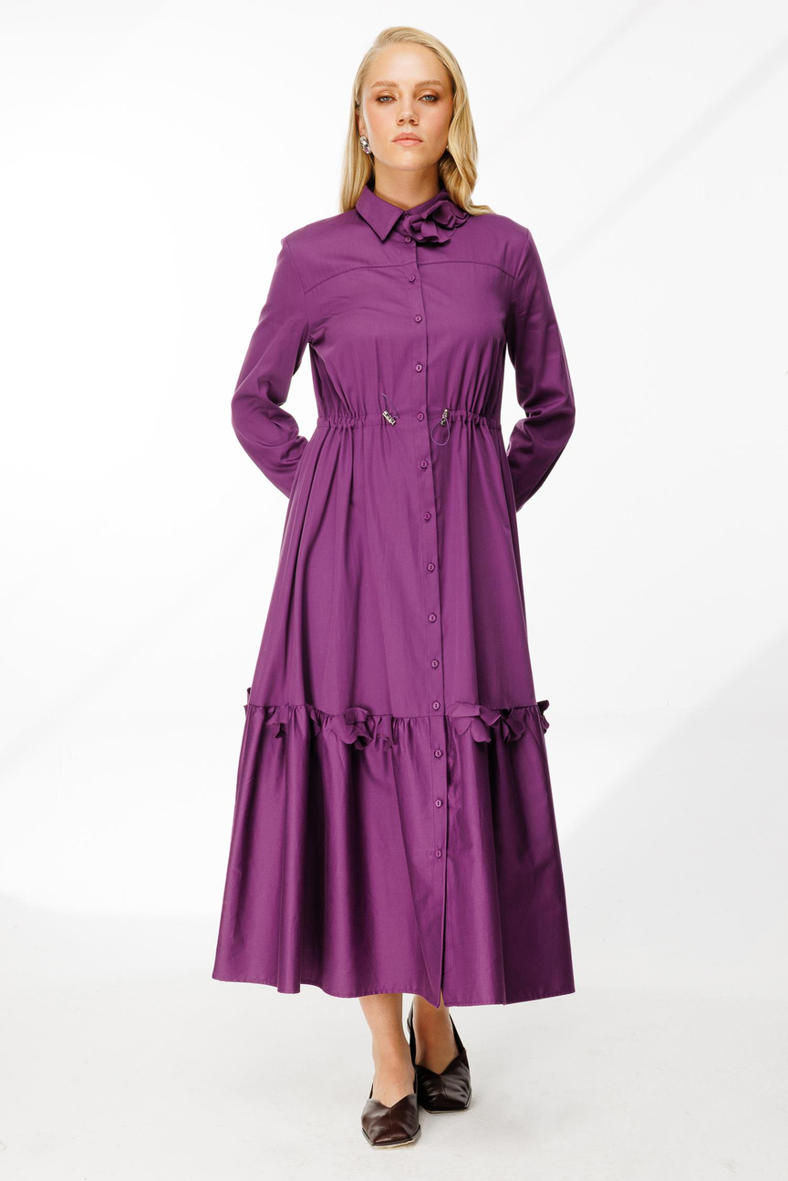 Lazer Çiçekli Gömlek Elbise MOR