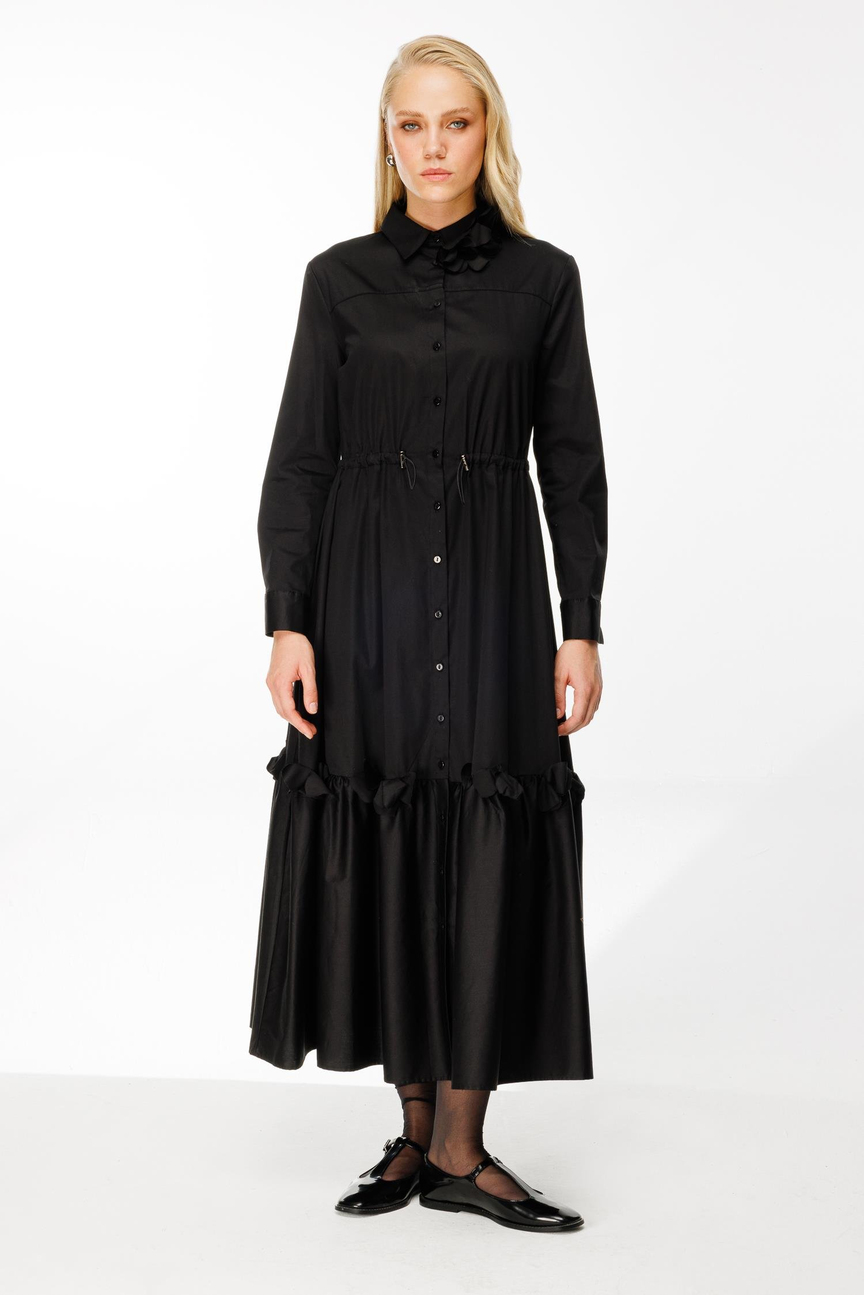 Lazer Çiçekli Gömlek Elbise SİYAH