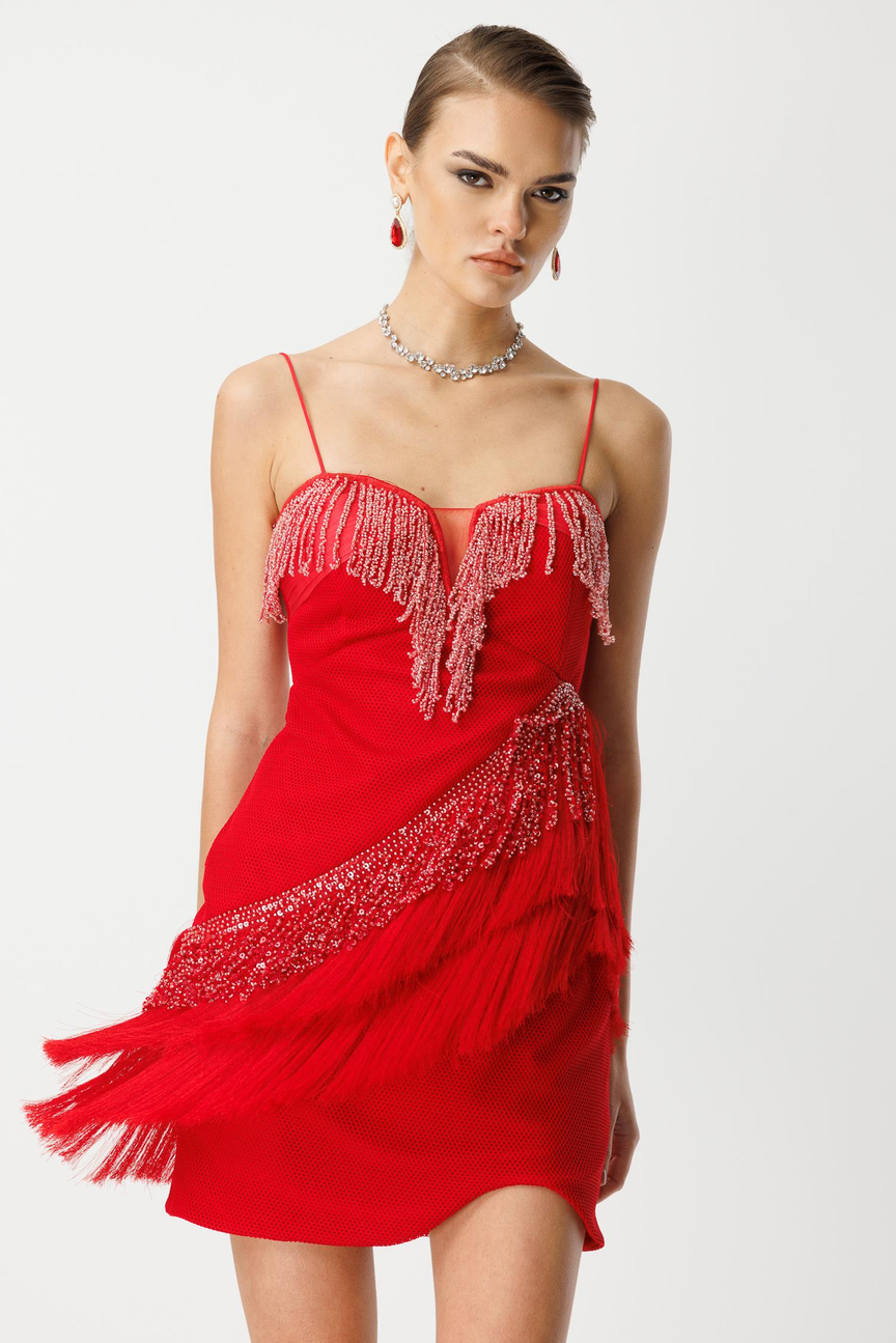 Mini Boy Saçaklı İşlemeli Elbise KIRMIZI