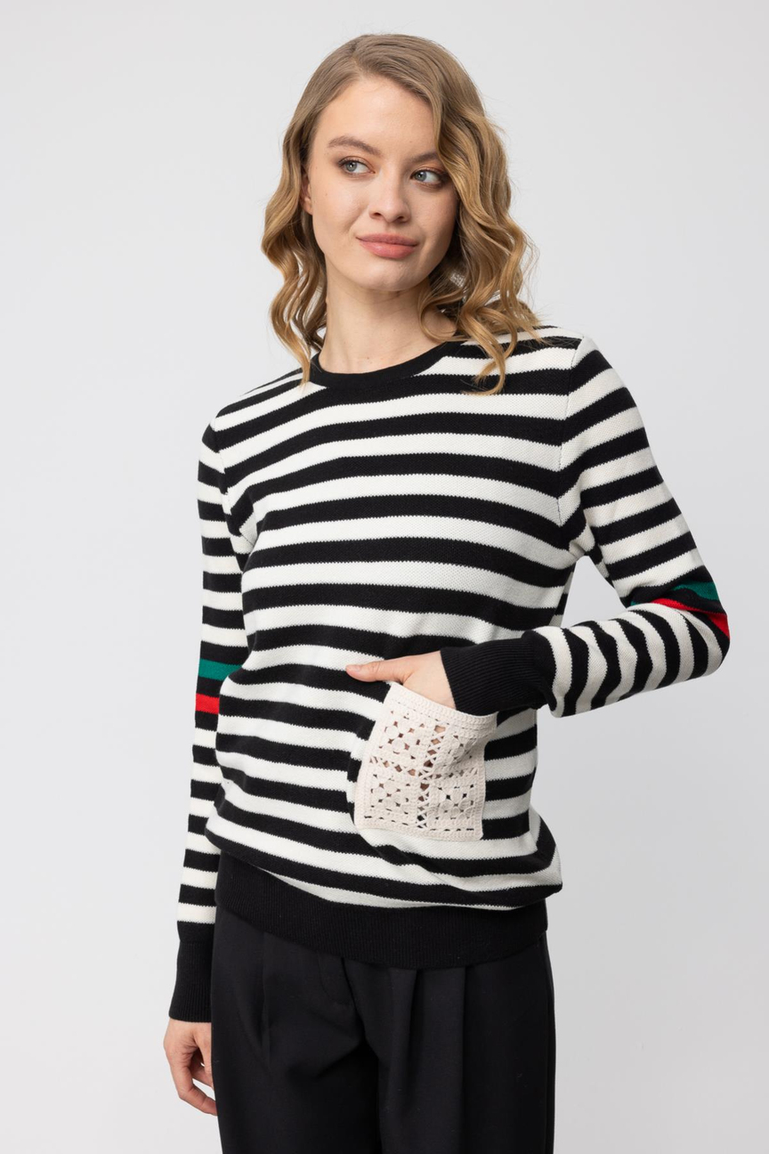 Nefeli Çizgili Tek Cep İşlemeli Triko