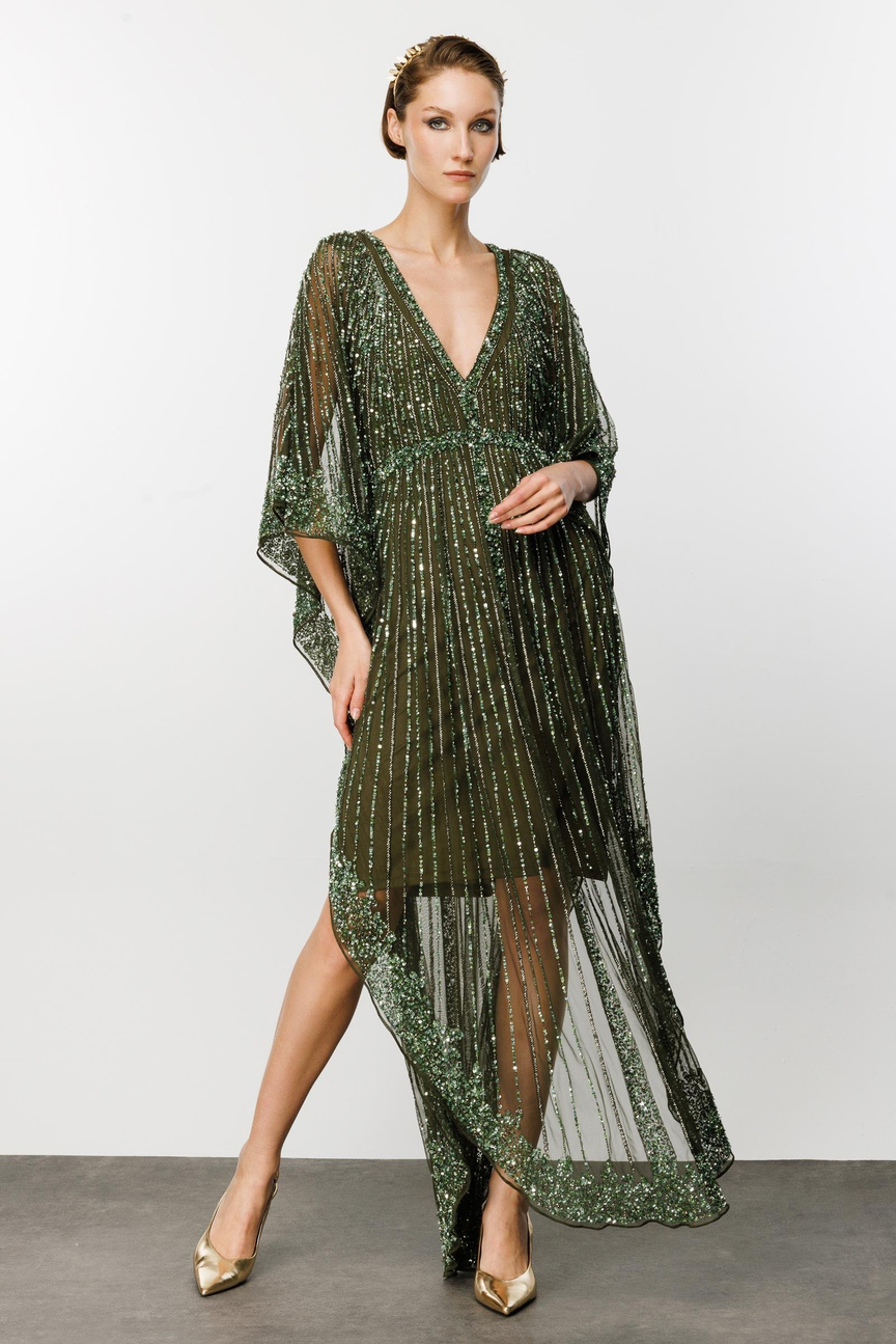 Nefeli Sequin Stone Poncho Model Green Evening Dress